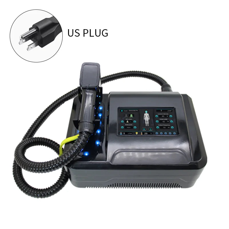 Black 808nm diode laser hair removal device with digital display, handheld applicator, and US plug for home use.