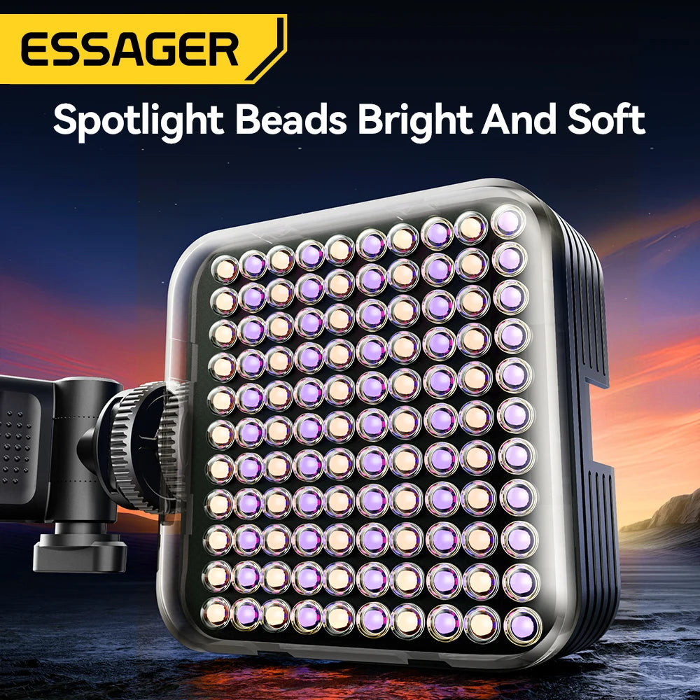 Square LED video light panel with a grid of circular bulbs, mounted on an adjustable black plastic stand.
