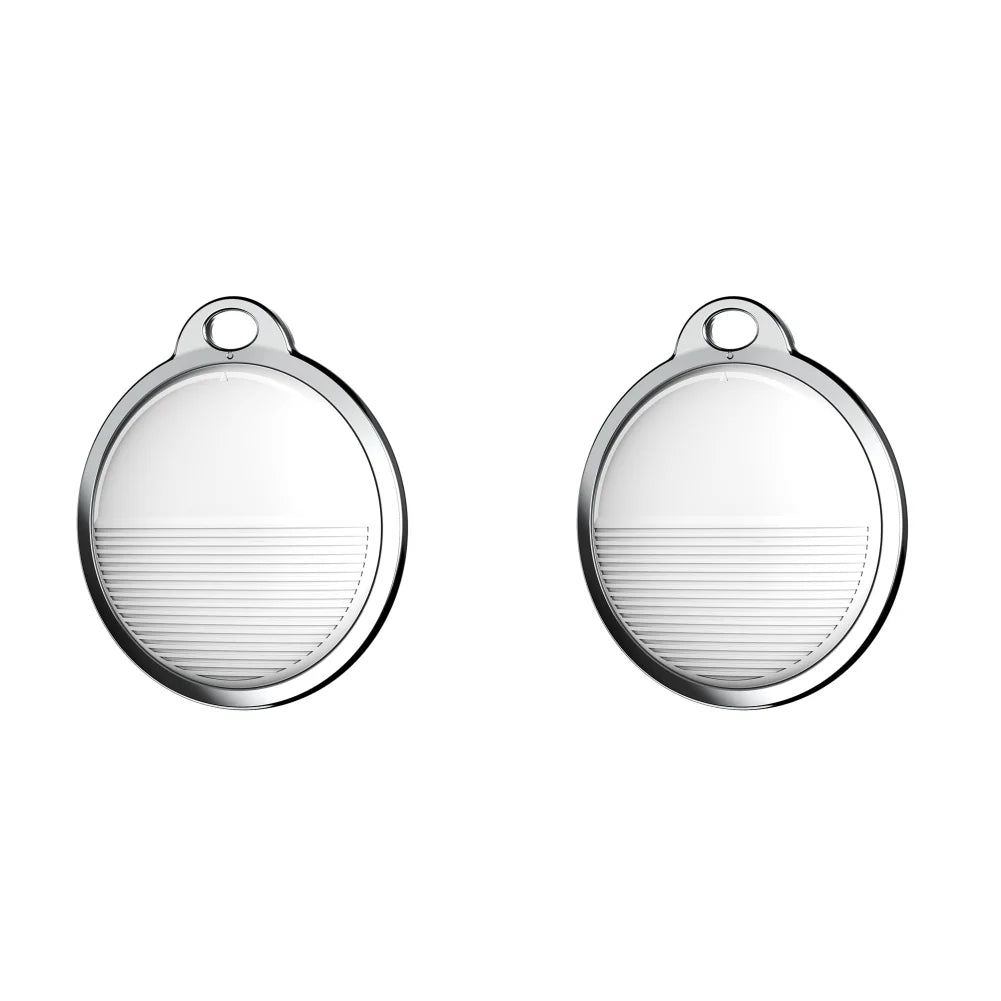 Two white mini smart GPS pet trackers for Apple Find My, compatible with dog or cat collars for easy location tracking.