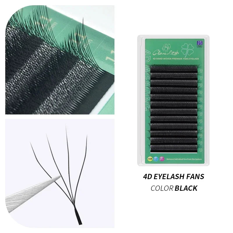 Black 4D premade eyelash extension fans arranged on a tray for professional lash application.
