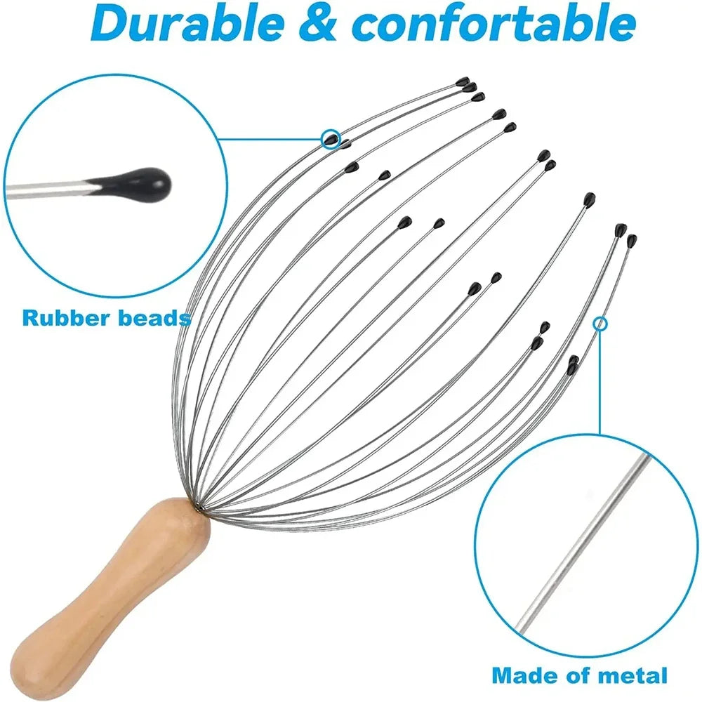 24-finger octopus scalp massager with metal wires, rubber tips, and wooden handle for stress-relieving head scratching.