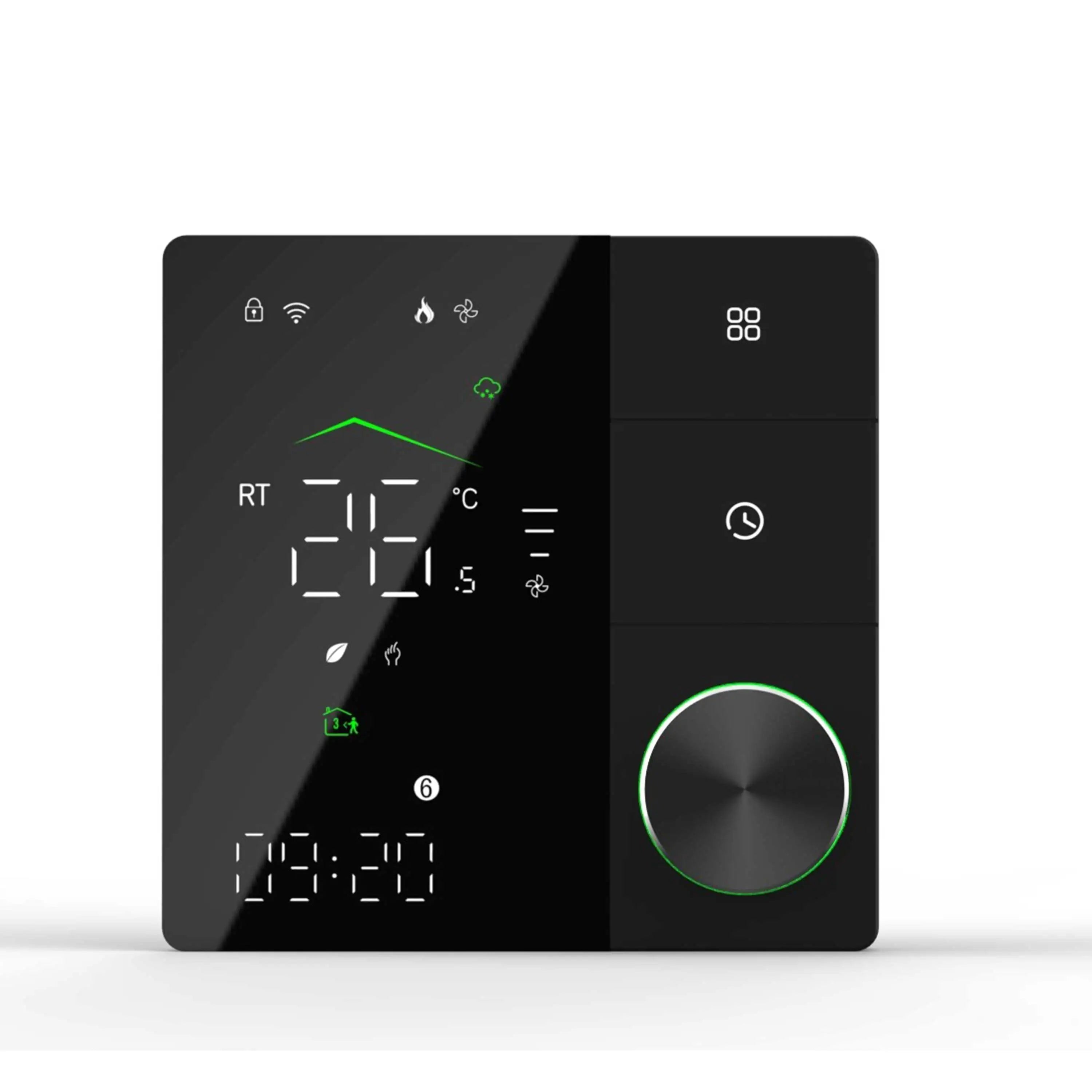 Black heating thermostat with touchscreen icons, green indicators, and round control knob.