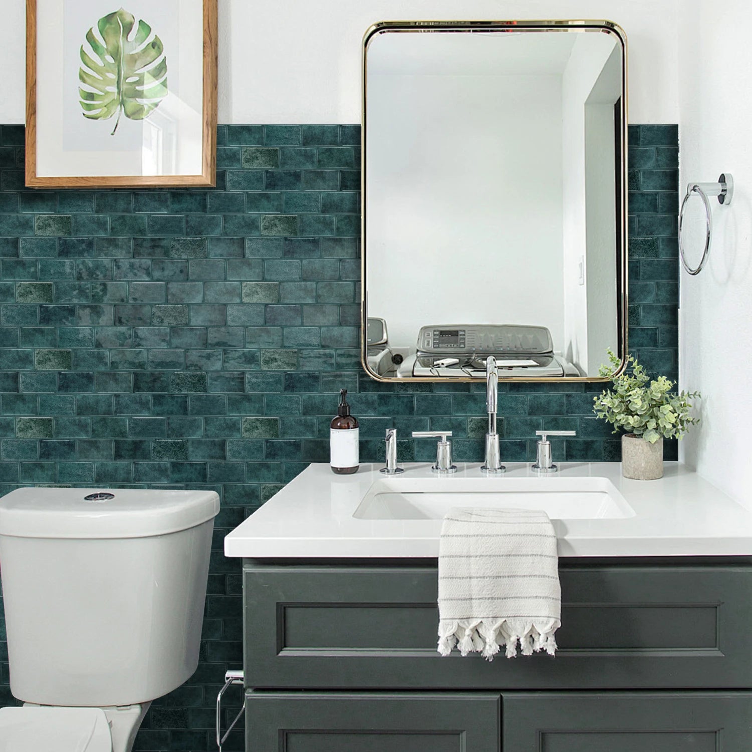 Ceramic tile sticker strip in dark green stone texture on bathroom wall
