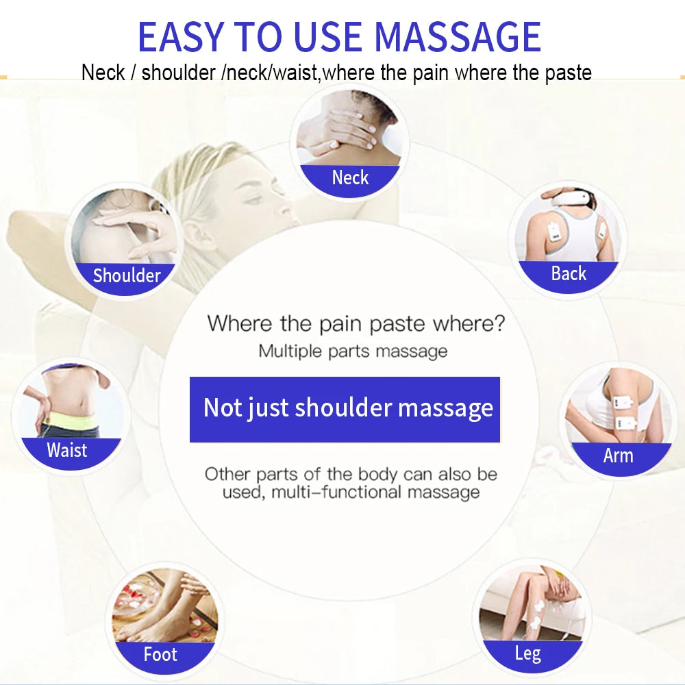 8-mode TENS EMS pulse massager for neck, back, waist, and limb pain relief with body application diagrams.