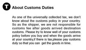 Informational text about customs duties and international shipping tax policies for imported products.