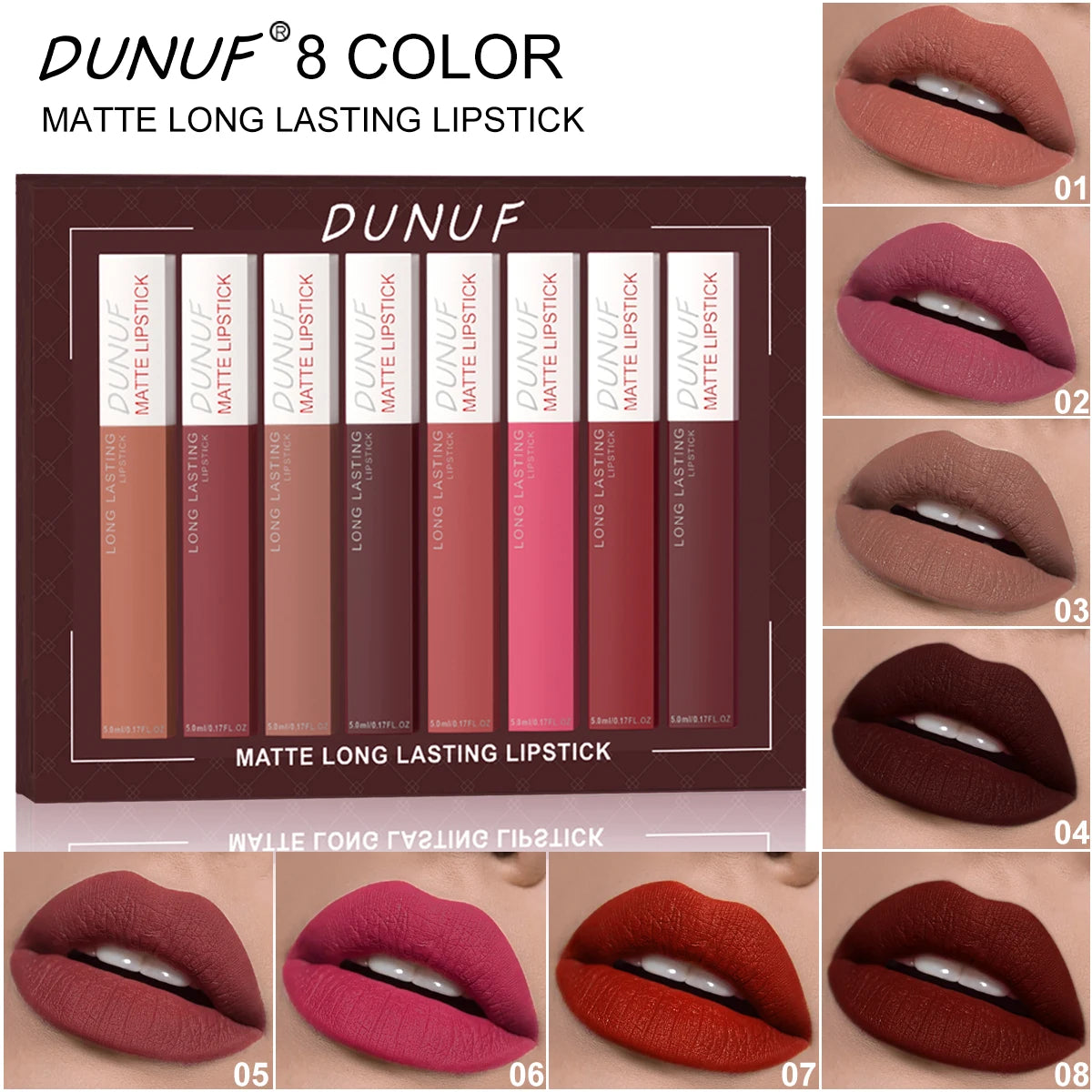 DUNUF 8-piece matte lipstick set with long-lasting, waterproof, non-stick nude, red, and mauve shades.
