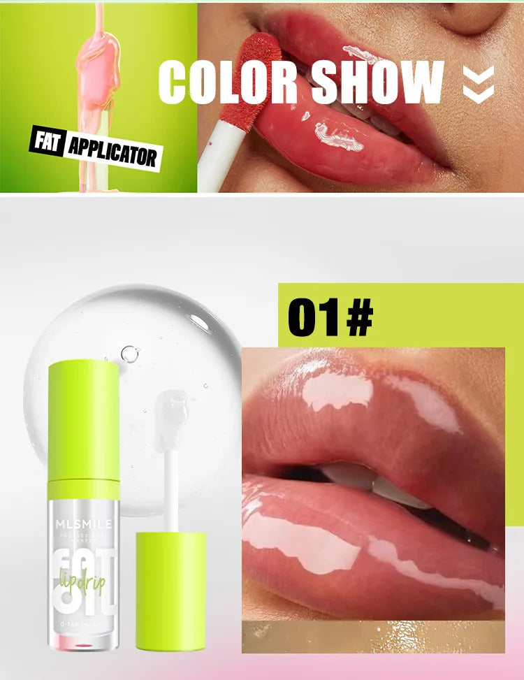 Moisturizing glitter lip gloss shade 01, clear nourishing liquid lipstick, high-shine plumping formula with fat applicator.