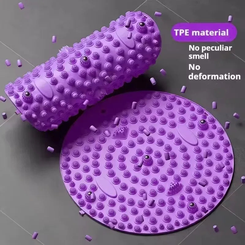 Purple TPE acupressure foot massage mat and roller set for reflexology, pain relief, and yoga training exercises.