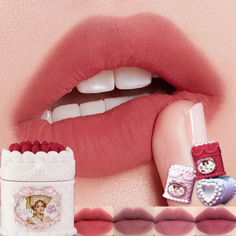 Matte strawberry cake lip mud with soft-focus velvet finish, highly pigmented vintage lipstick in romantic shades.