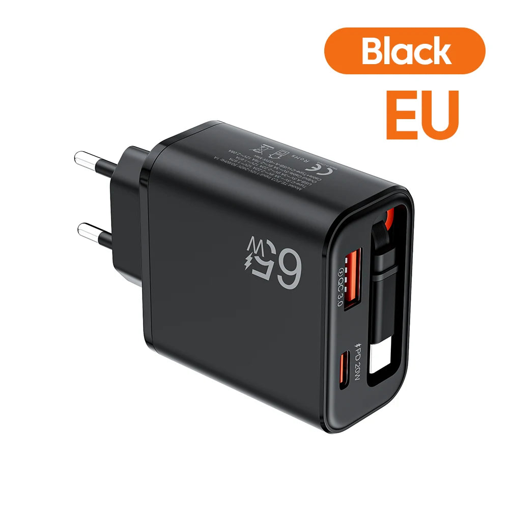 65W USB C Fast Charger with Retractable Cable - Tidesmit Black EU Tidesmit
