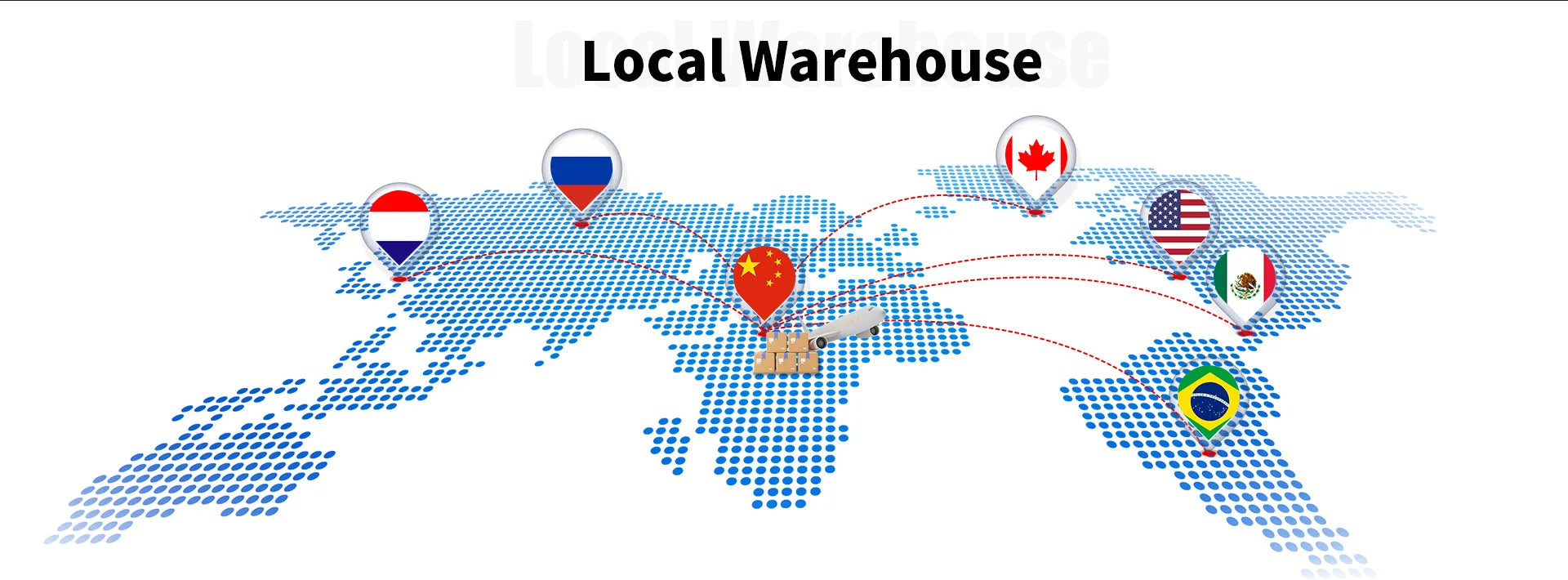 Global shipping map showing local warehouse delivery for MECAVIE 6500W EMS RF body shaping muscle stimulator machine.