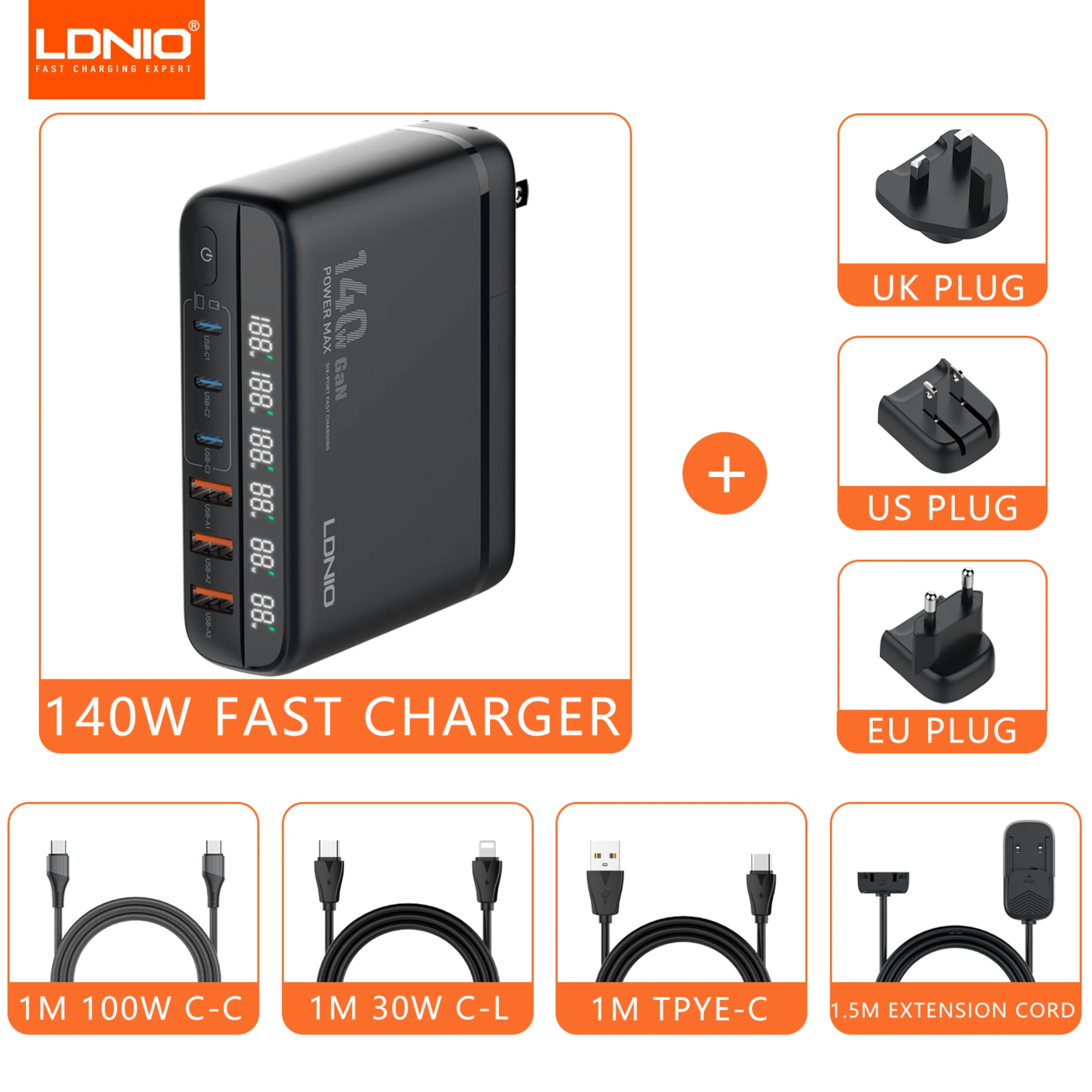 140W GaN USB C Charger Block LDNIO Type-C PD Fast Charger Universal Travel Adapter For iPhone Samsung iMac MacBook Laptop Switch