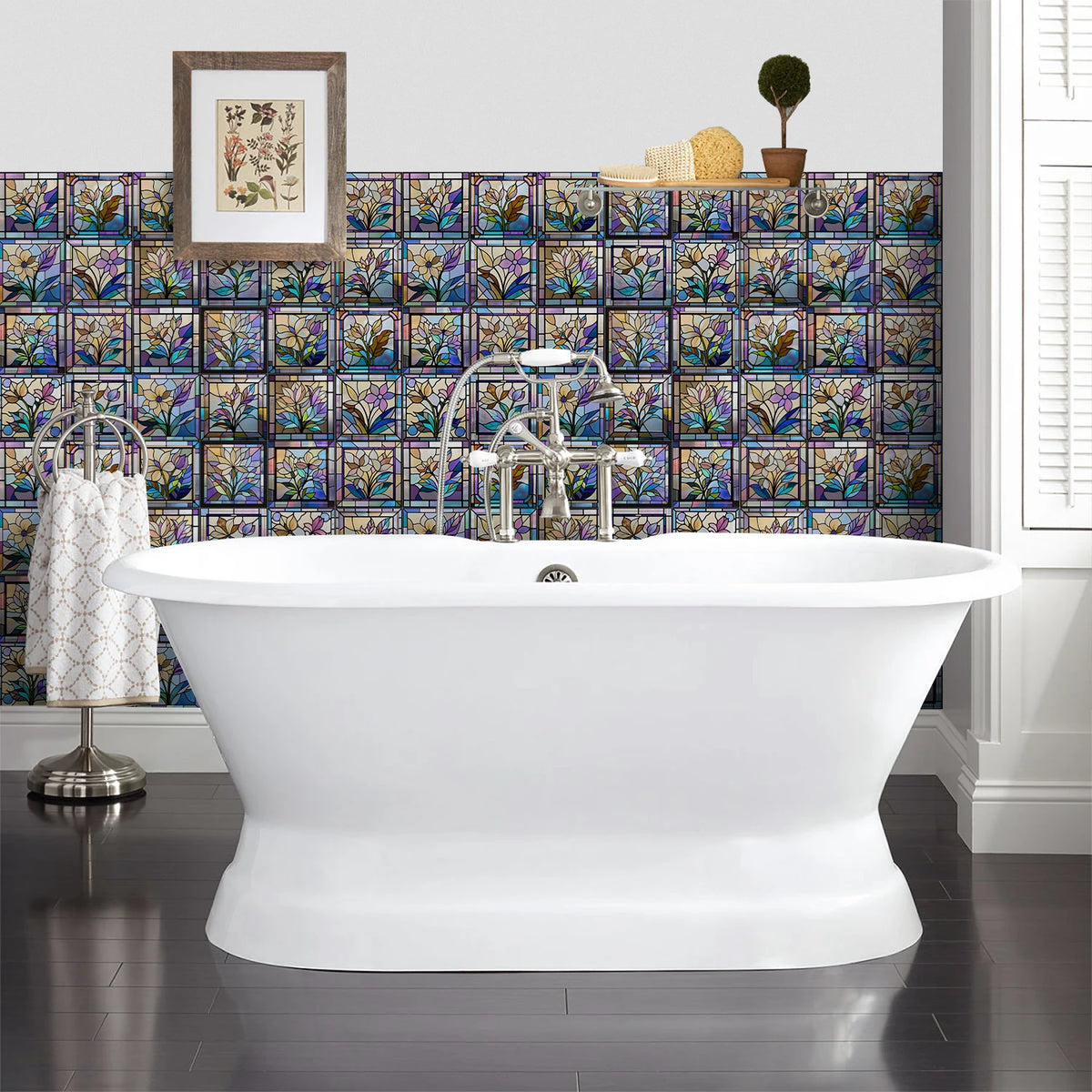 Blue and green tile-pattern self-adhesive wallpaper with leafy floral square motifs