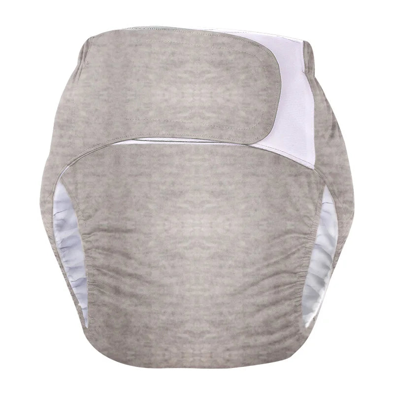 Baby care cloth diaper in solid grey with adjustable hook and loop tabs for a comfortable fit.