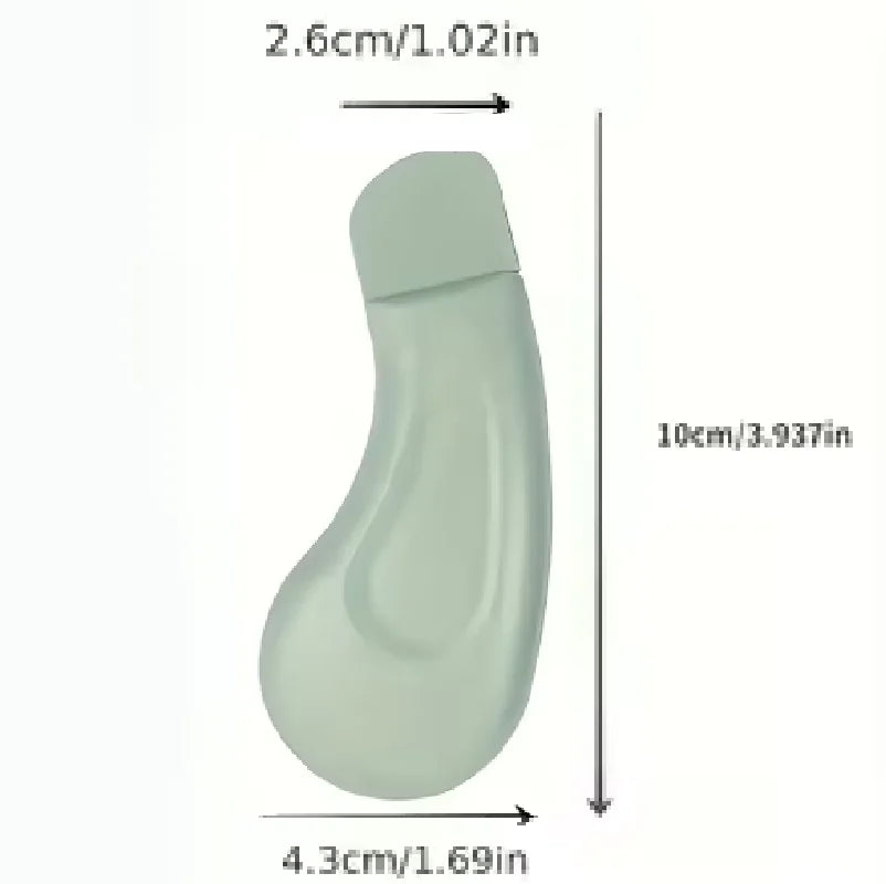 Light green, curved pore cleansing tool with dimension labels indicating 10cm height and 4.3cm width.