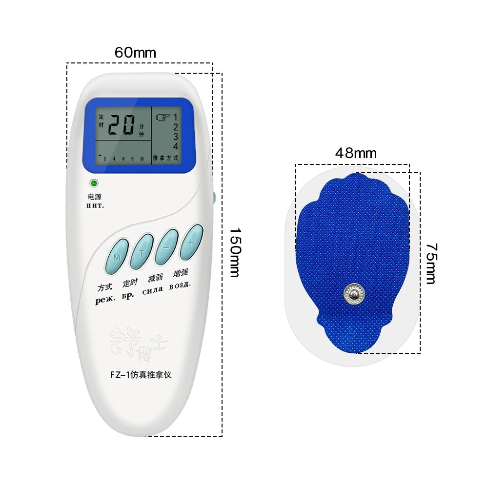 White TENS EMS electric muscle stimulator with blue LCD display, control buttons, and adhesive physiotherapy electrode.