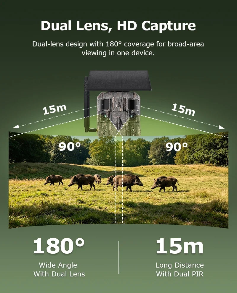INQMEGA 24MP Dual Lens Solar 4G GPS Hunting Trail Camera AI PIR 180° Wide Angle Night Vision IP66 Outdoor Wildlife Camouflage