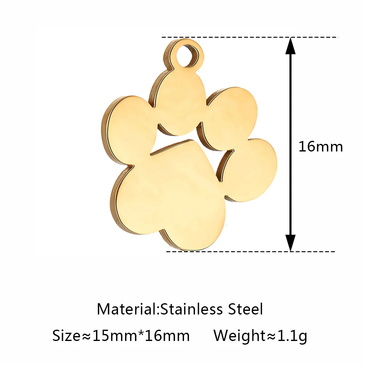 Gold stainless steel dog paw print charm for DIY jewelry making, 16mm pet pendant for necklaces or bracelets.