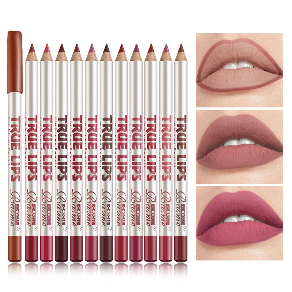 12-piece matte lip liner set in various nude, pink, and red shades for long-lasting, professional lip makeup looks.