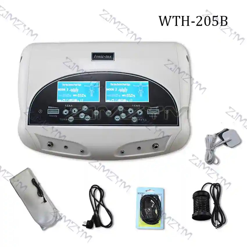 Dual ionic foot bath detox machine with TENS massage, LCD display, power cords, and electrodes for home health spa use.