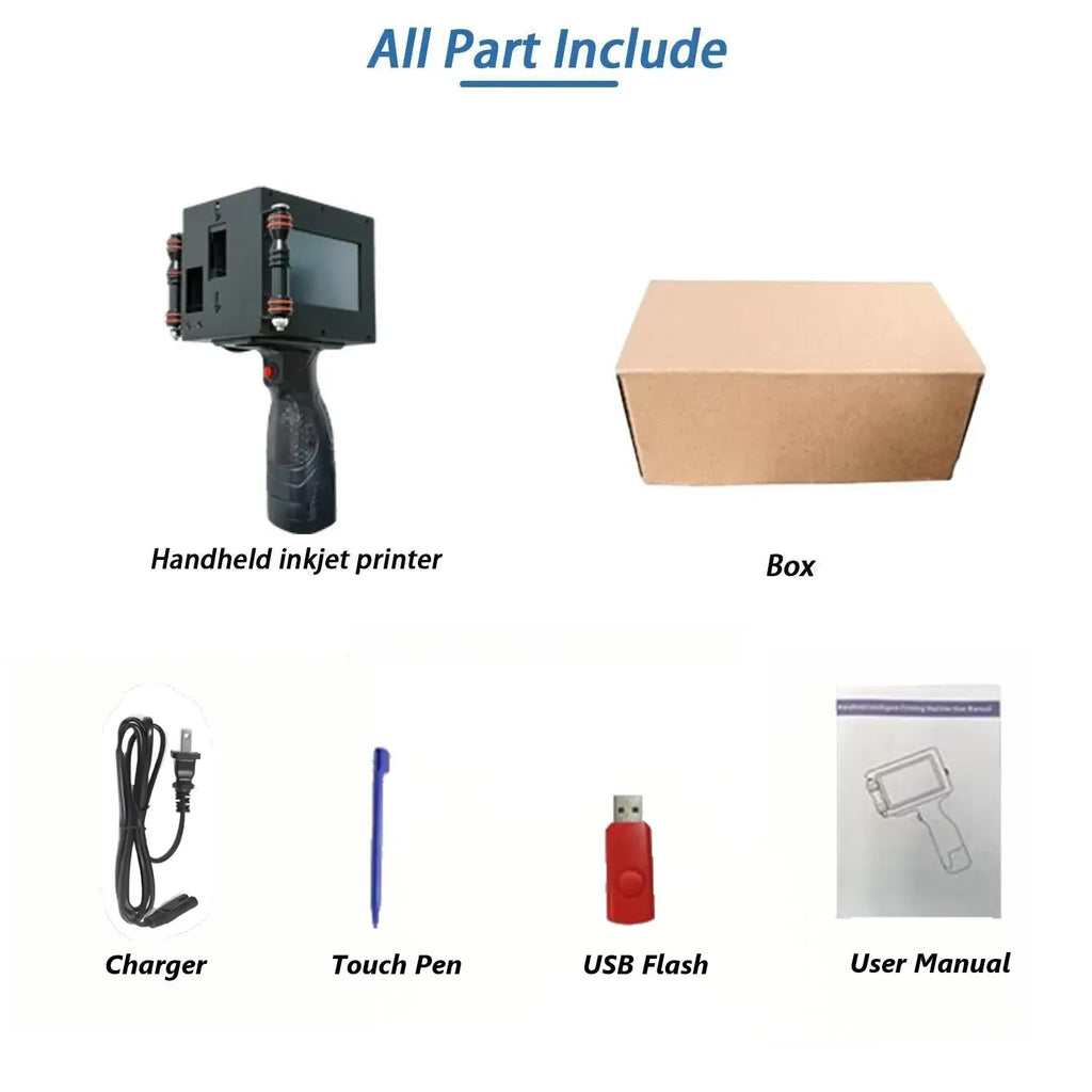 Handheld thermal inkjet printer kit with charger, touch pen, USB flash, and user manual