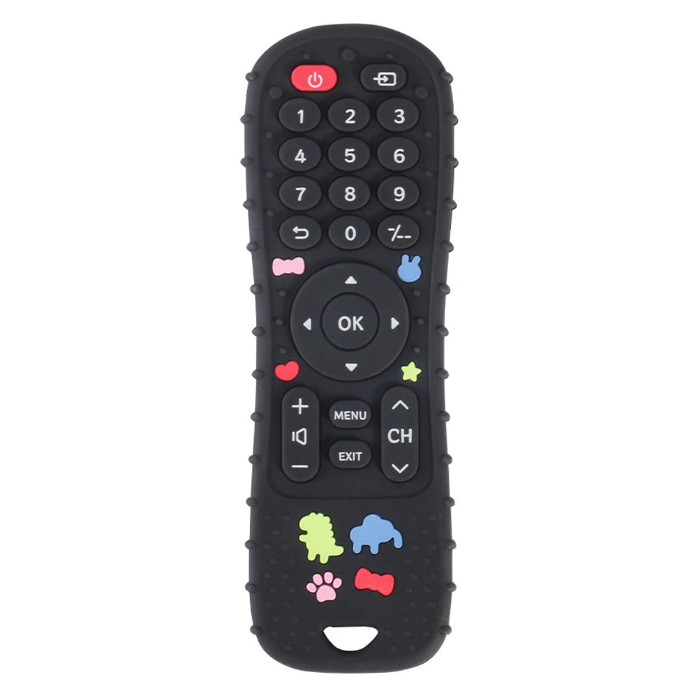 Black silicone remote control baby teething toy for pain relief.