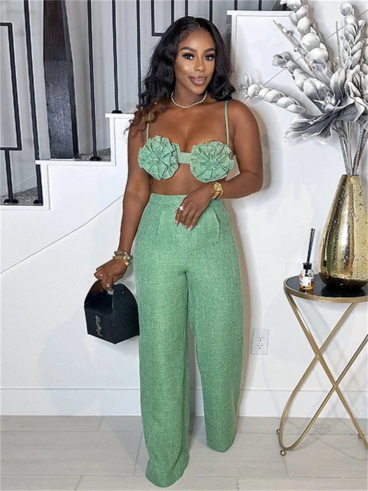 Weird Puss Vacation Beach Style 2 Piece Set Women Ruched Flower Bra Tops+Button Waist Straight Pants Fashion Sexy Trend Outfits