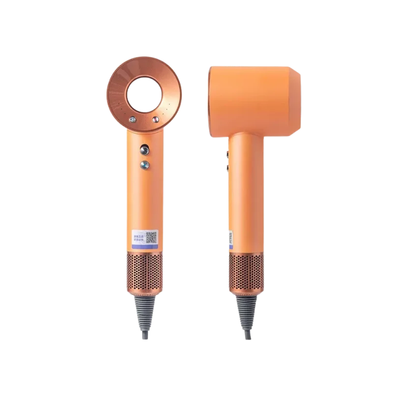 Orange high-speed brushless hair dryer with negative ion tech, sleek ergonomic design, and adjustable temp controls.