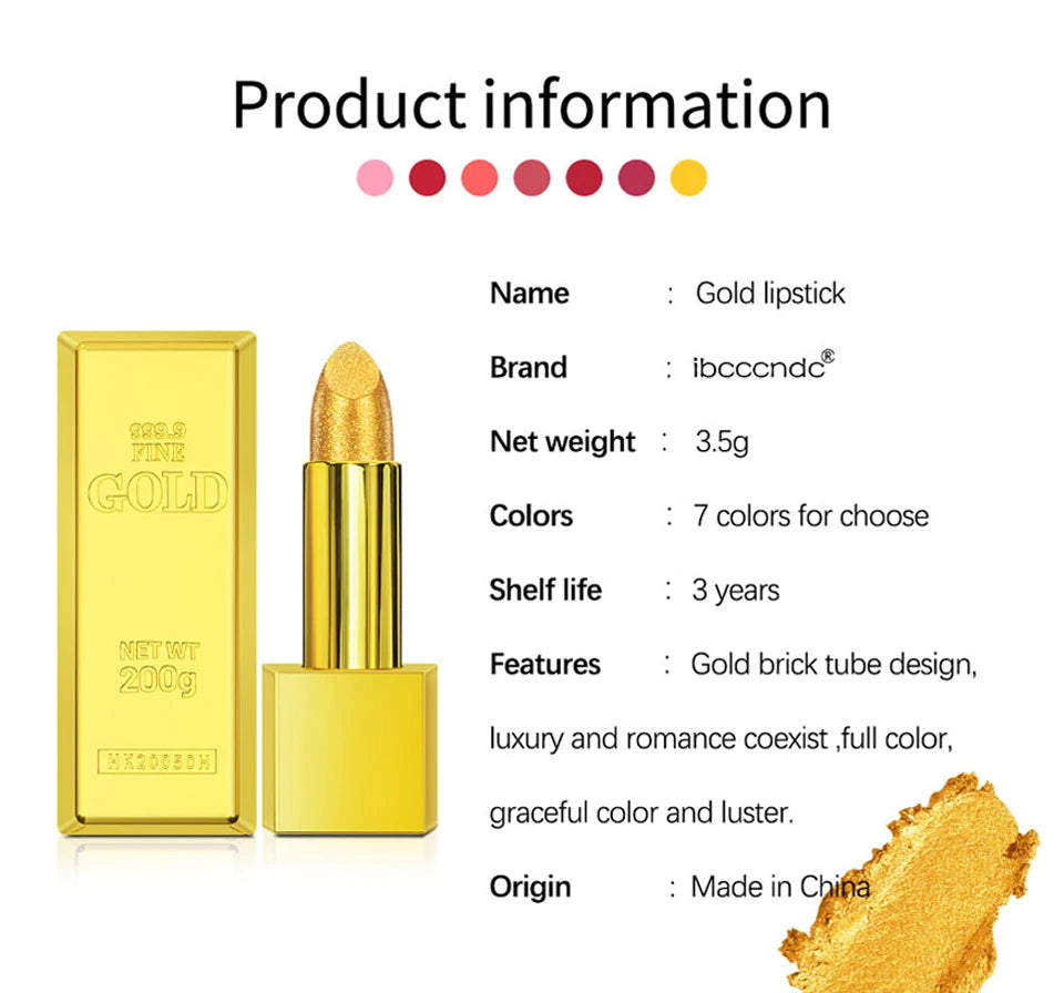 Shimmer gold lipstick in luxury gold brick tube, waterproof and long-lasting makeup with metallic glitter finish.