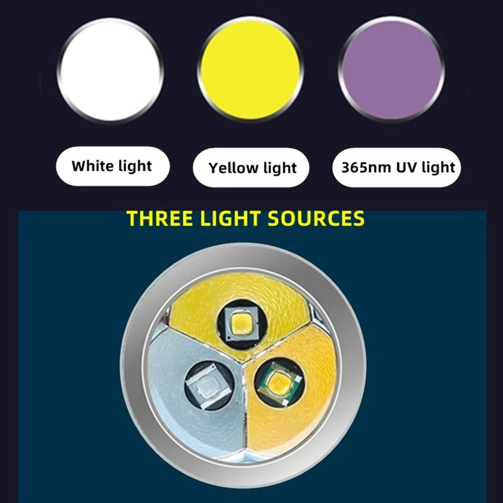 3-in-1 USB rechargeable flashlight with white, yellow, and UV light for detecting pet stains and inspecting jewelry.