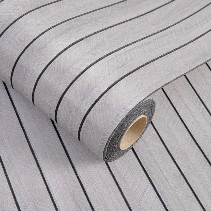 Self-adhesive 3D wall sticker roll, light gray wood-look stripes with dark outlines