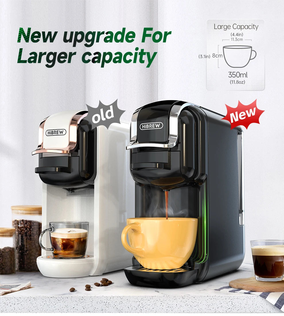 HiBREW black and white capsule coffee makers with upgraded 350ml large capacity for espresso and coffee brewing.