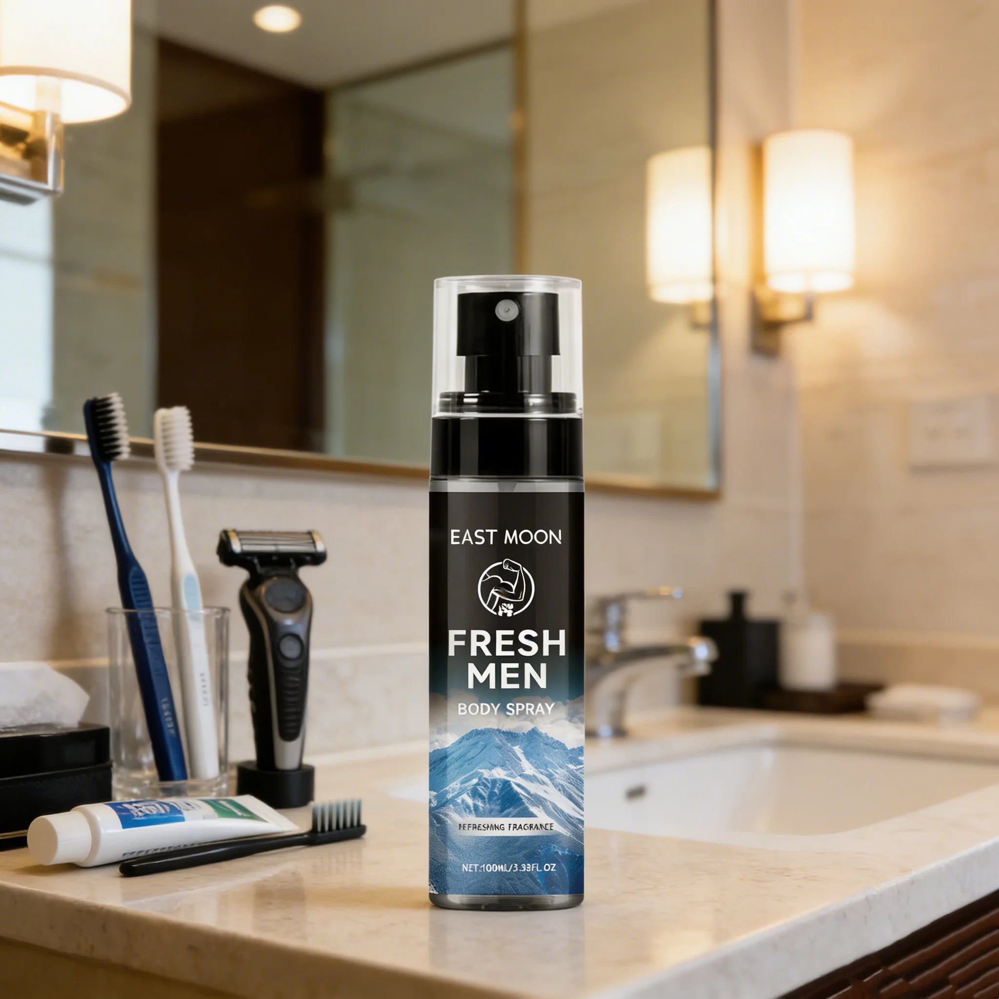 Tidesmit East Moon sandalwood deodorant spray for men, providing long-lasting freshness and sweat odor protection.