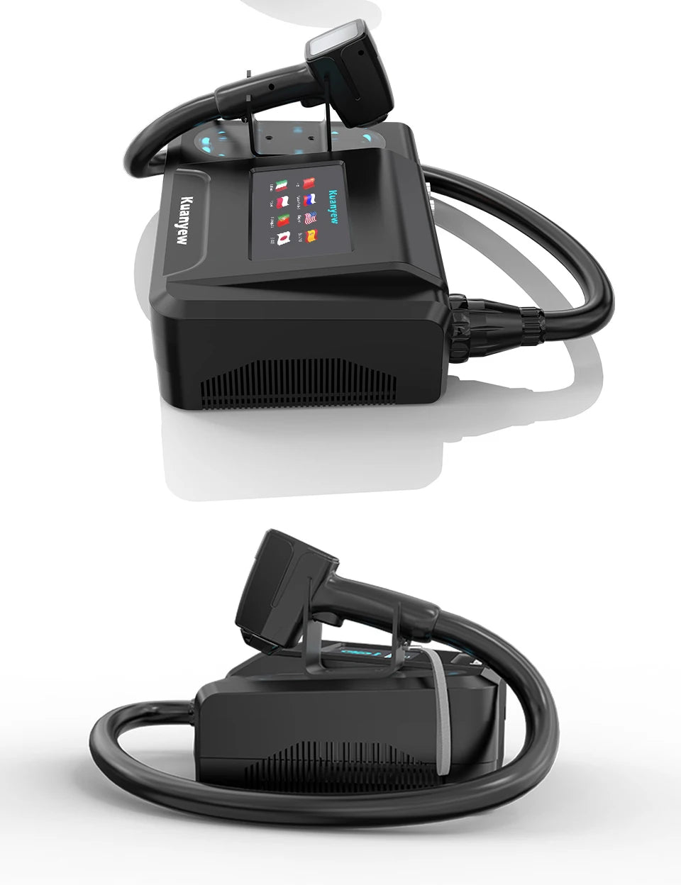 Black portable inkjet handheld printer with a touchscreen interface, control base, and connected printing nozzle.