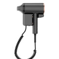 Gray wall-mounted hair dryer with nozzle attachment and coiled cord for hotels or home, featuring blue light tech.