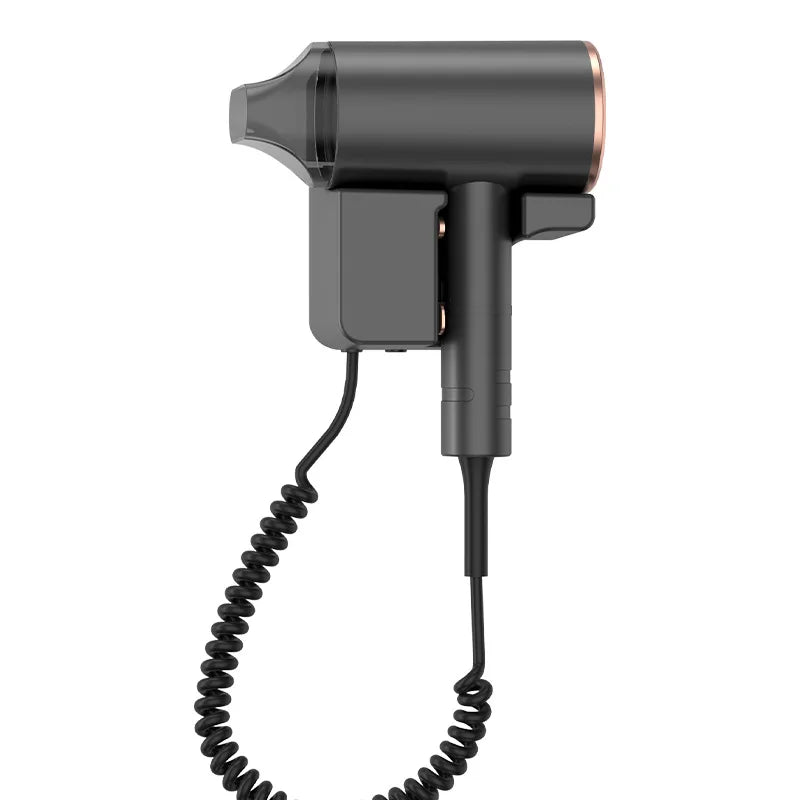 Gray wall-mounted hair dryer with nozzle attachment and coiled cord for hotels or home, featuring blue light tech.