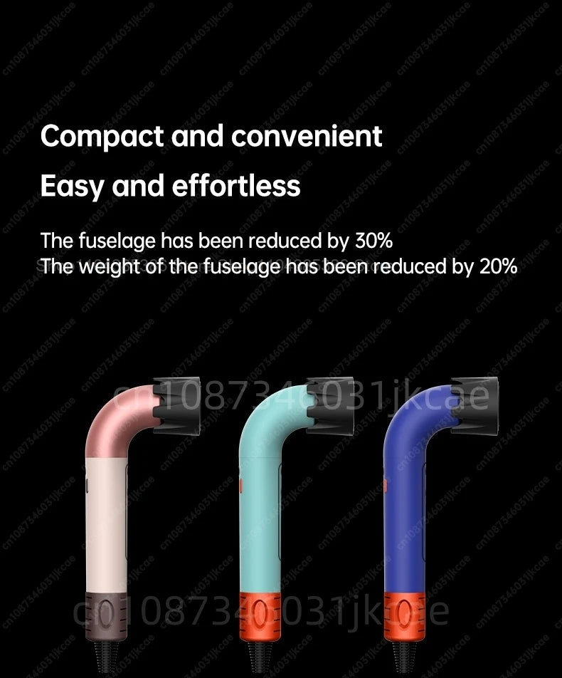 Compact, lightweight negative ion leafless hair dryers in pink, teal, and blue with styling attachments for hair care.