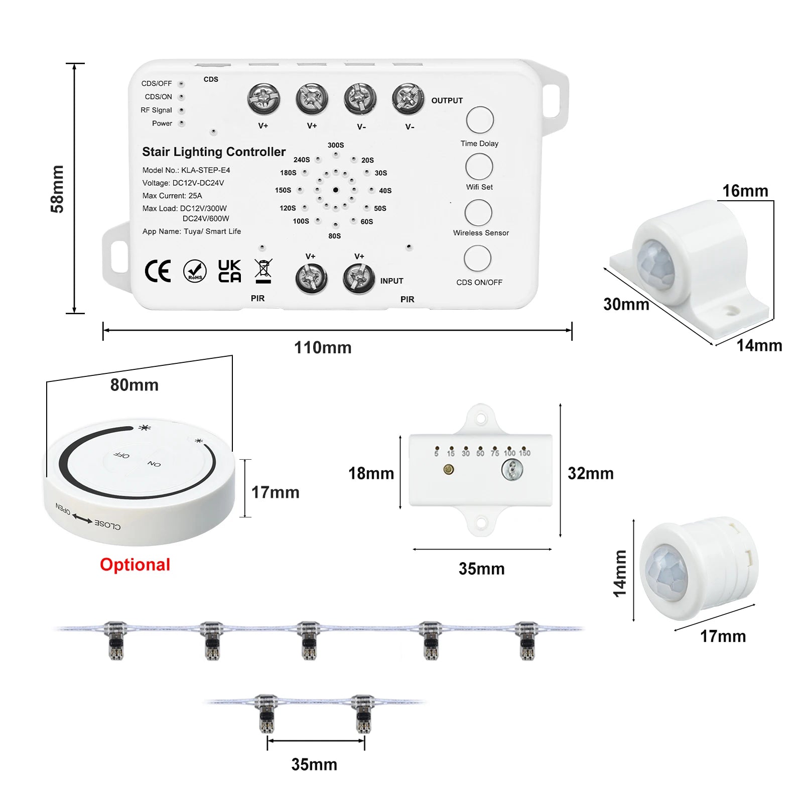 5-30 Steps New Tuya Wifi Staircase Light Kit Motion Sensor Wall Switch Remote APP Control Stair LED Strip Full Set STEP-E4