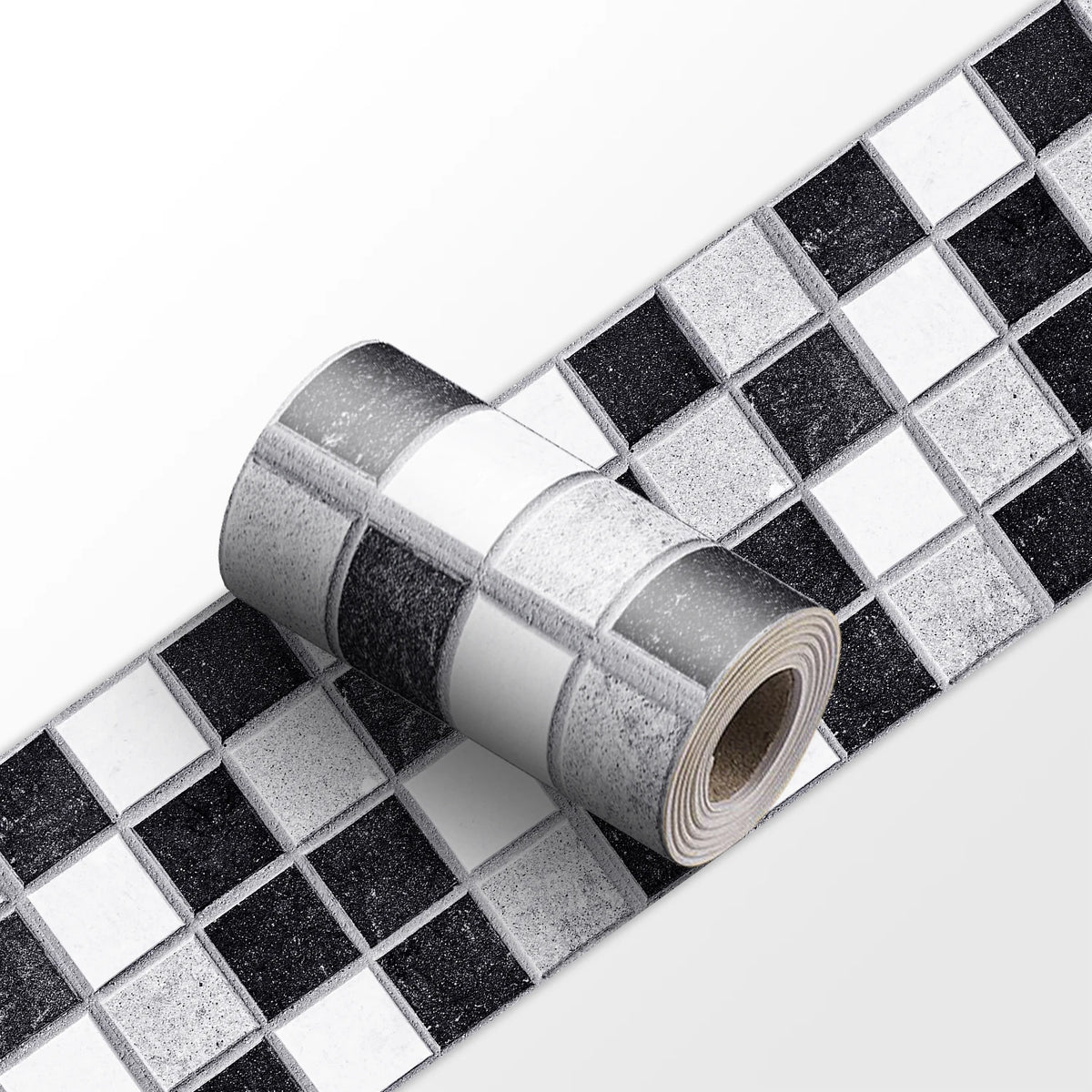 Peel-and-stick mosaic tile wall border sticker strip, black and white square grid roll