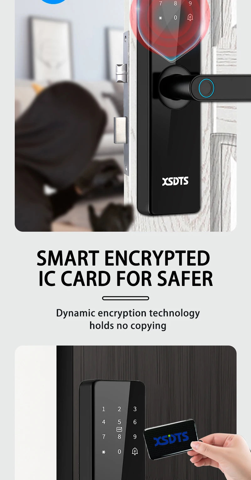 Smart Door Lock With Electronic Biometric Fingerprint Smart Card Password Key Unlock USB Tuya APP Emergency Charge lock