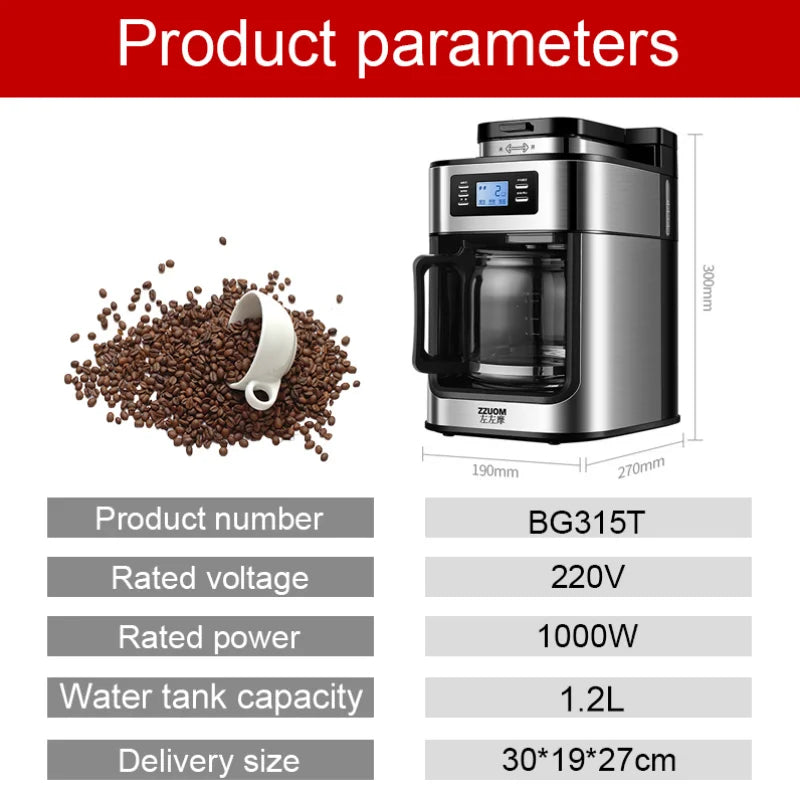 ZZUOM BG315T stainless steel drip coffee maker with 1.2L capacity, digital display, and bean hopper.