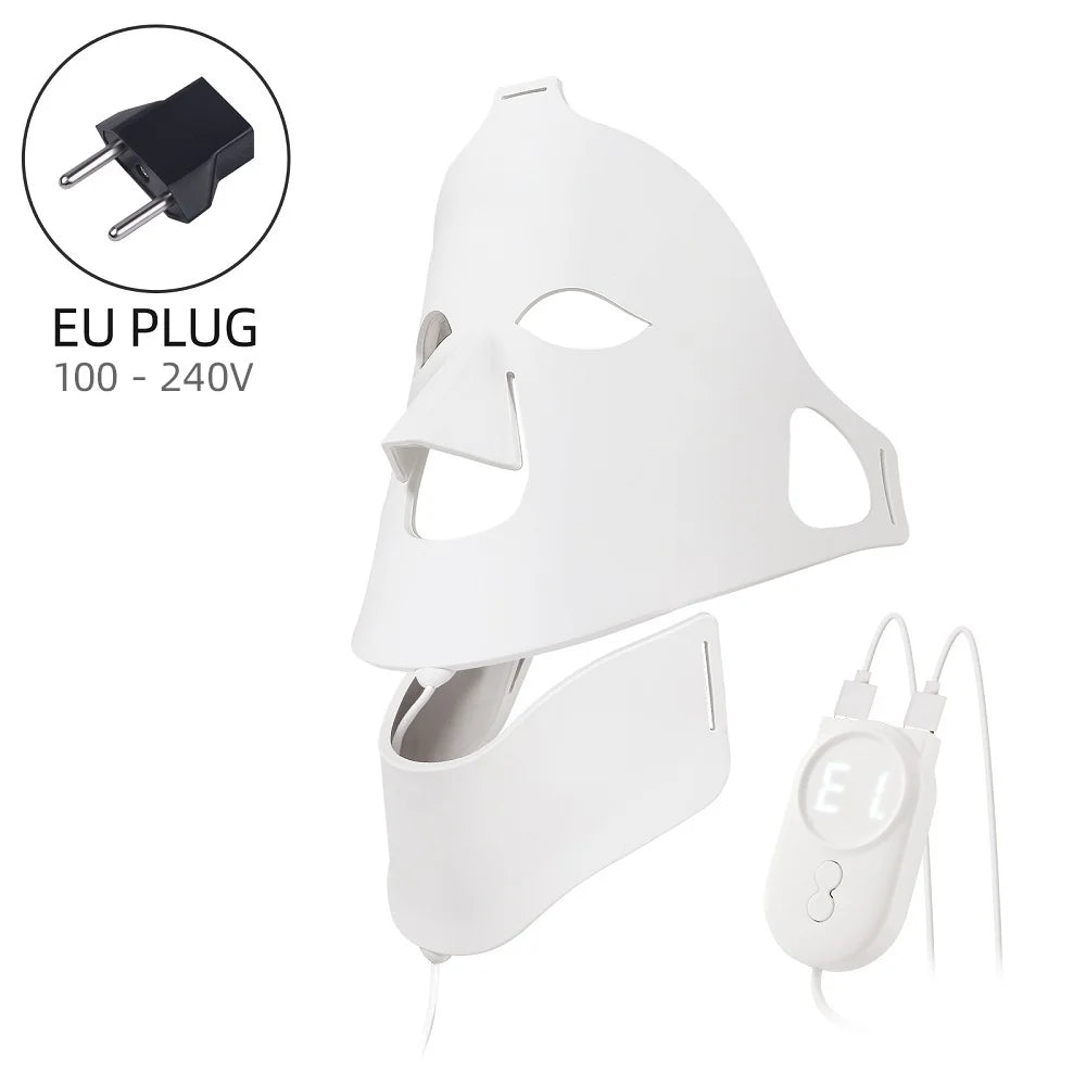 White flexible silicone LED facial and neck therapy mask with a handheld controller and EU plug adapter.