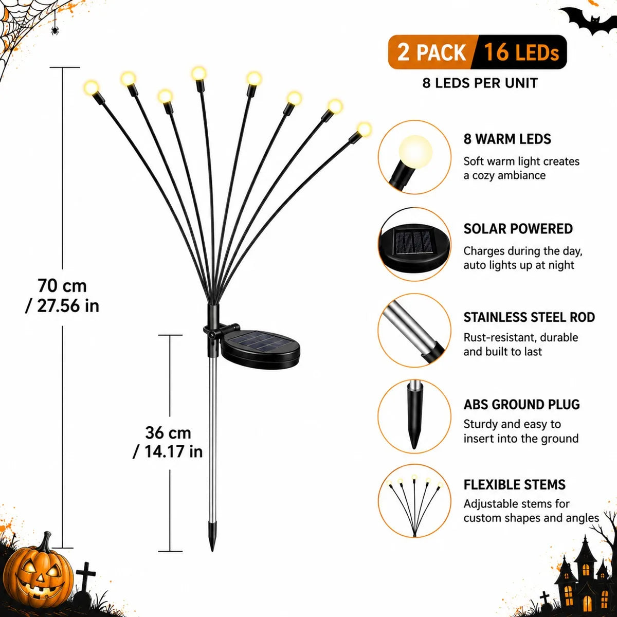 2 Pack Halloween Solar Firefly Lights 16 LED Spooky Garden Decoration Lights, Warm White Solar Powered Outdoor Pathway Lights with 2 Lighting Modes for Yard Lawn Patio Walkway Tree Fence Party Holiday Decor