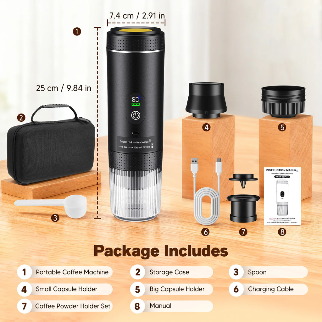 Black portable electric espresso maker with capsule holders, USB-C cable, spoon, and case, 25cm tall.
