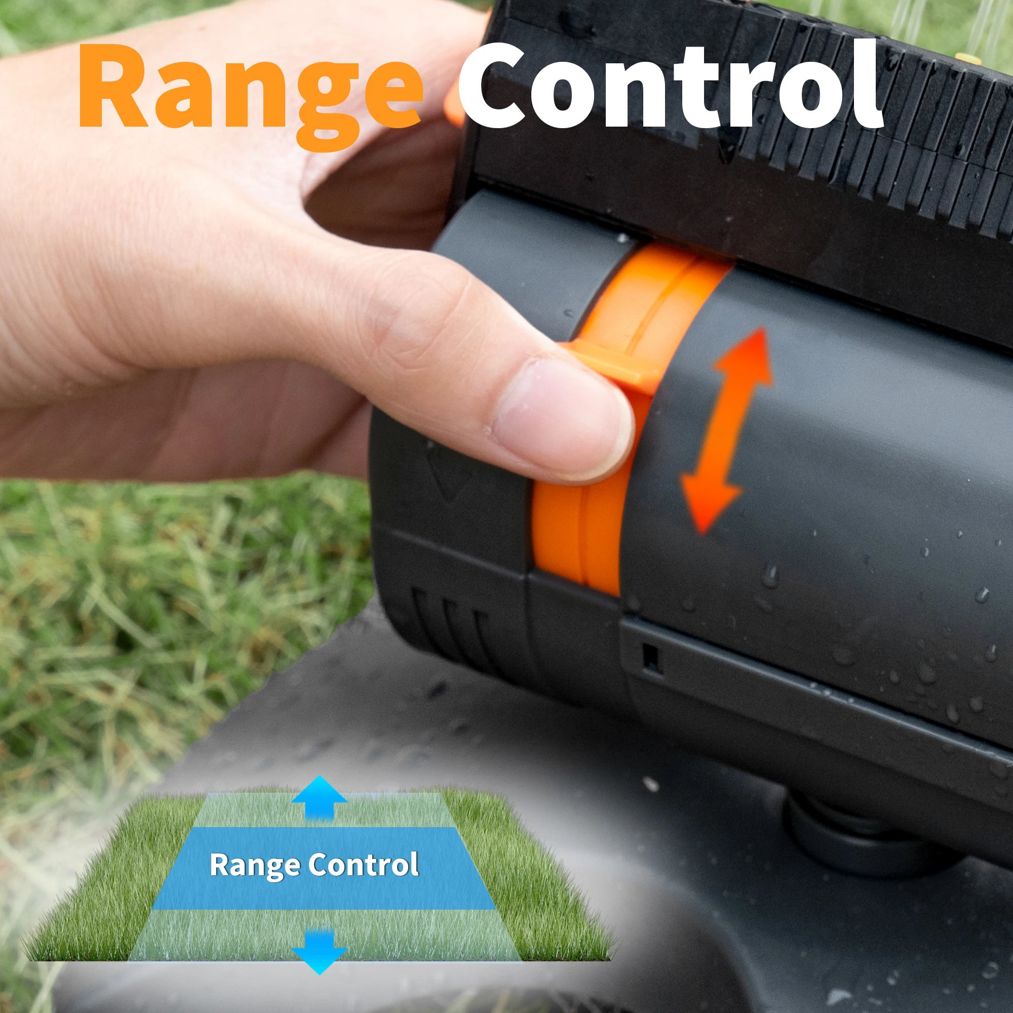 Oscillating water sprinkler with orange range control on black base