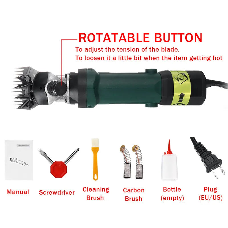 2000W electric sheep clipper with 13-tooth blade, 6 speeds, and grooming kit for efficient farm wool shearing.
