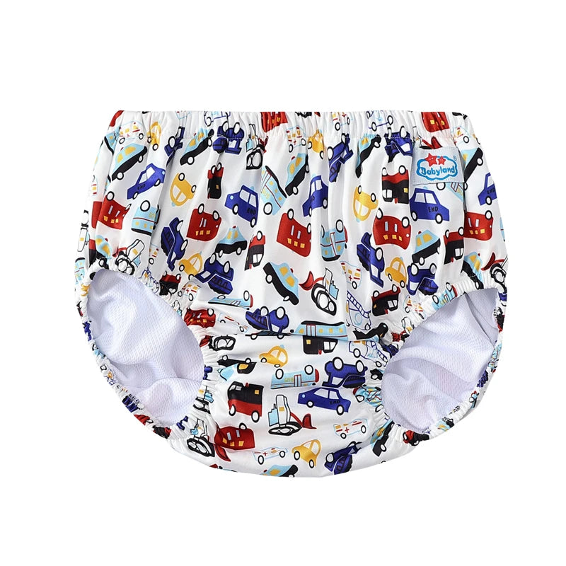 Babyland washable baby training pants with colorful car print for toddlers. Reusable cloth diaper care.