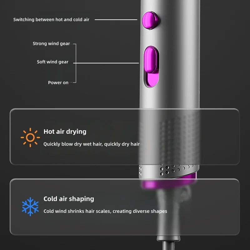 Silver 2400W foldable hair dryer with purple buttons, featuring hot/cold air settings and multi-speed wind controls.