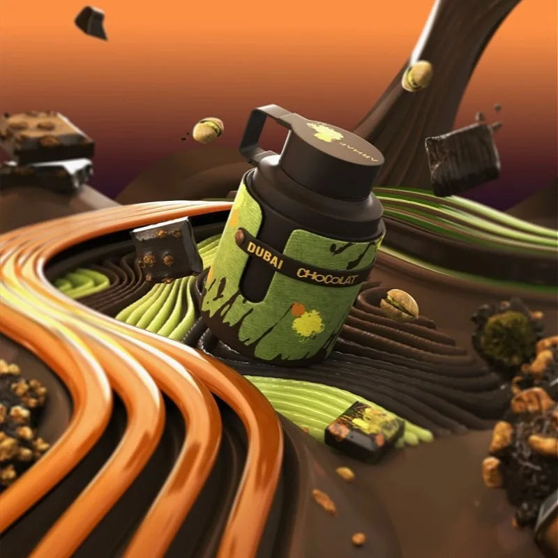 Armaf Odyssey Dubai Chocolat Unisex EDP: Woody chocolate and pistachio fragrance in a modern cylindrical matte bottle.