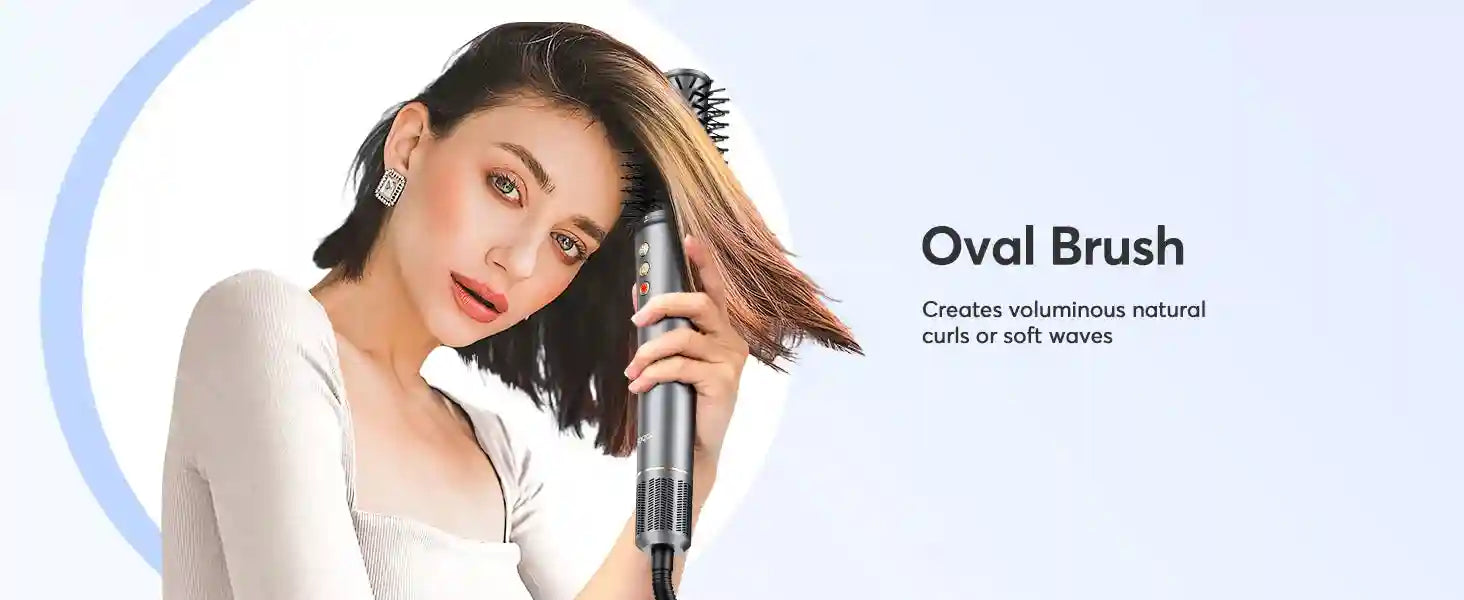 Woman using grey Bopcal 5-in-1 hair dryer with oval brush attachment for voluminous curls and soft waves.